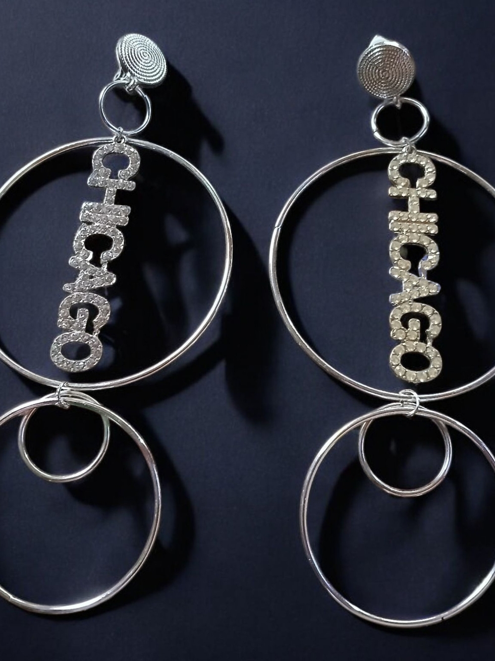 chic Silver Tone Double Hoop Logo Drop Earrings